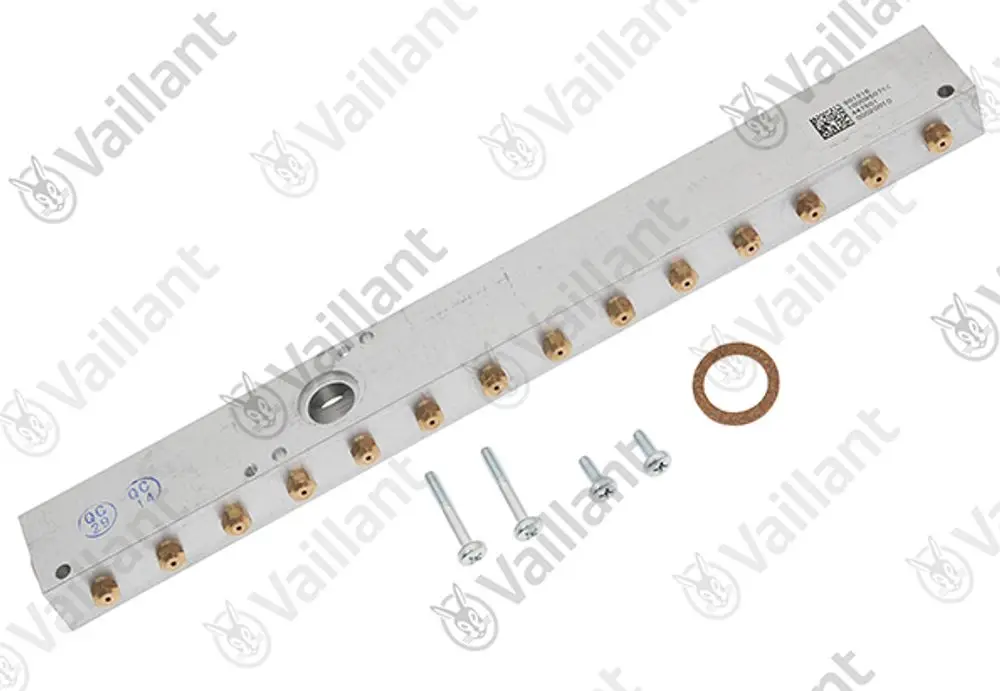 Vaillant Düsenstock aus Metall mit mehreren Anschlussgewinden und entsprechenden Schrauben sowie einem Dichtungsring, geeignet für spezifische Heizsysteme.
